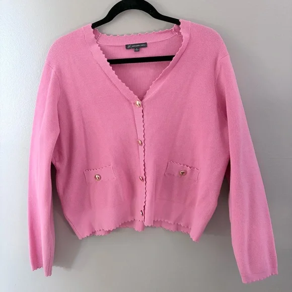 Pastel Pink Scalloped Trim Knit Cardigan Elegant Preppy Lady Jacket XL - Picture 2 of 8
